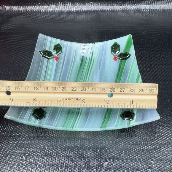 Vintage Fused Art Glass Square Dish Plate White Green Swirl Festive Holiday VTG - Picture 4 of 12